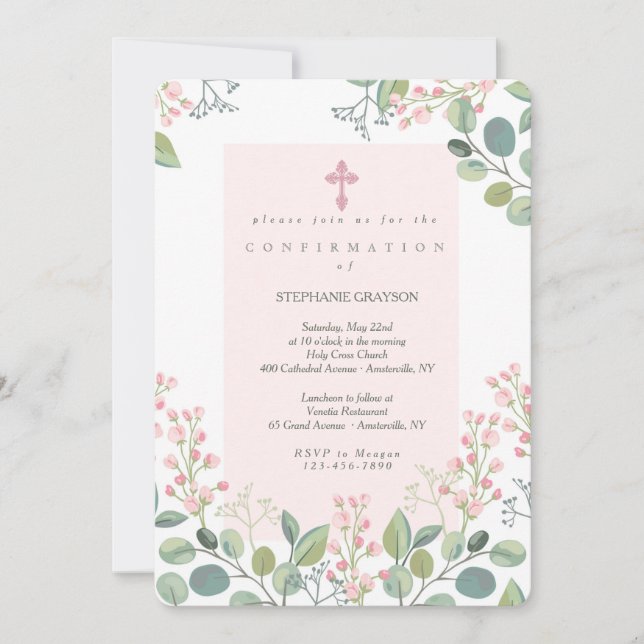 Invitación Religiosa floral rosa suave (Anverso)