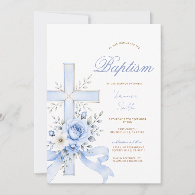 Invitación Religiosa Flores Cruz Azul Elegante (Anverso)