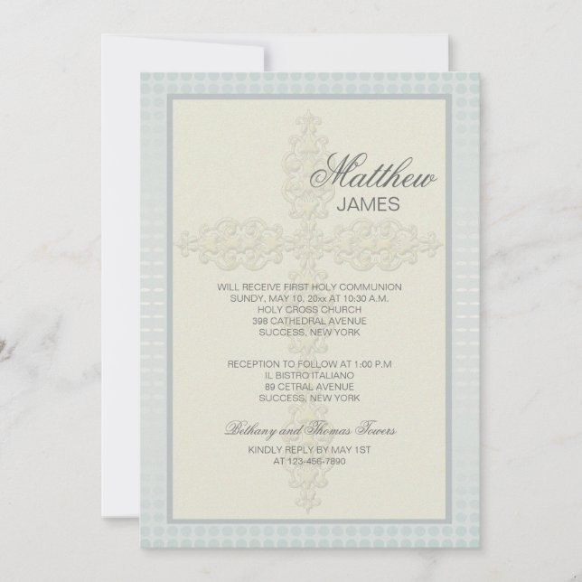 Invitación religiosa intrincada cruzada (azul-gris (Anverso)