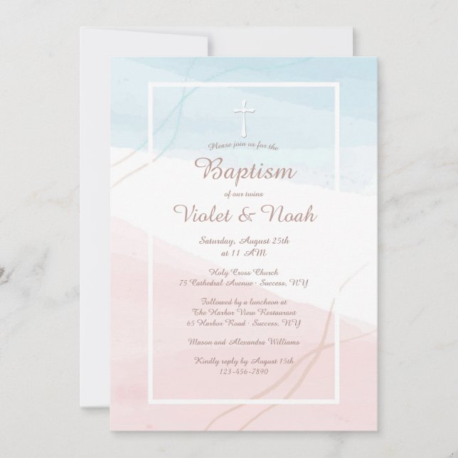 Invitación religiosa moderna azul y rosa (Anverso)