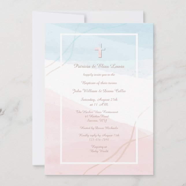 Invitación religiosa moderna azul y rosa (Anverso)