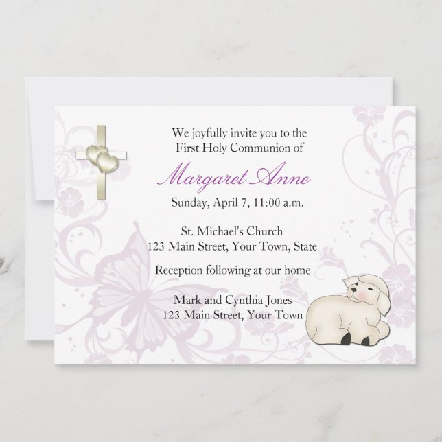 Invitación religiosa púrpura del cordero del bebé (Anverso)