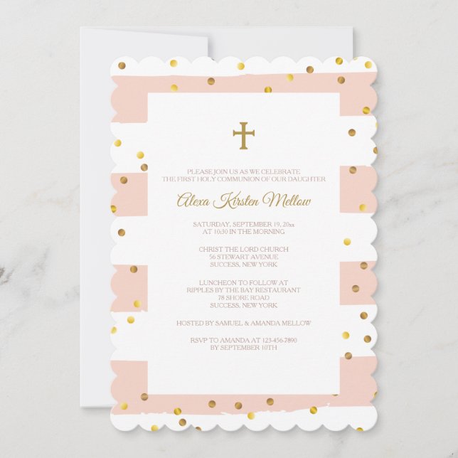 Invitación religiosa rosada de Confetti dorado (Anverso)