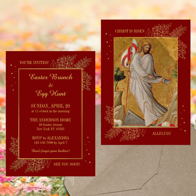 Invitación Religioso rojo Se ha levantado la caza de huevos d (Religious Christian Catholic He is risen Jesus Christ Resurrection Easter Brunch Egg Hunt Invitation)