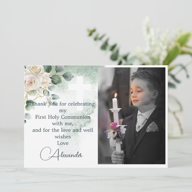 Invitación Religiosos Gracias Rosas de foto de oro Verde (Anverso de pie)