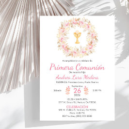 Invitación Religious First Communion Cute Wreath and Chalice