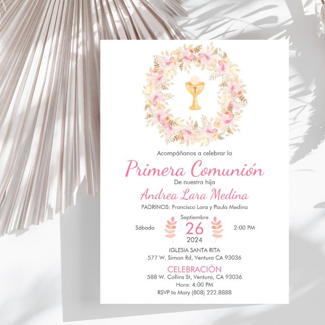 Invitación Religious First Communion Cute Wreath and Chalice (Subido por el creador)