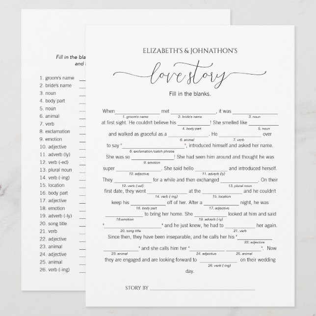 Invitación Rellena el juego de la ducha de novias con histori (Anverso / Reverso)