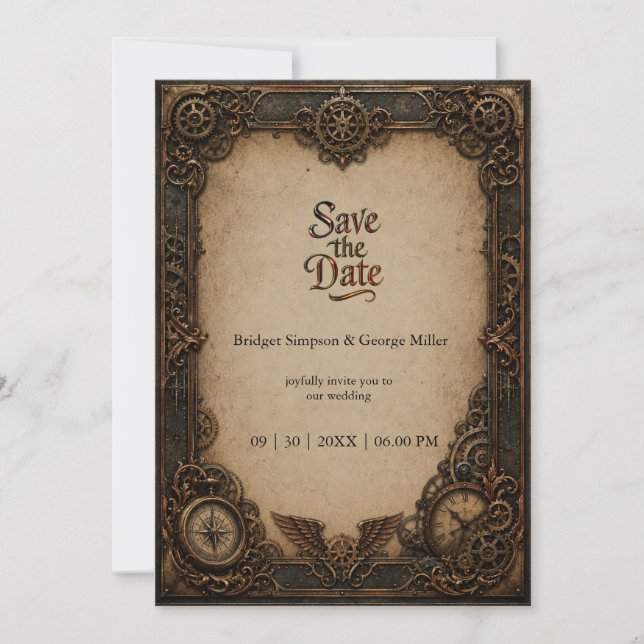 Invitación Reloj de engranajes gótico steampunk boda  (Anverso)