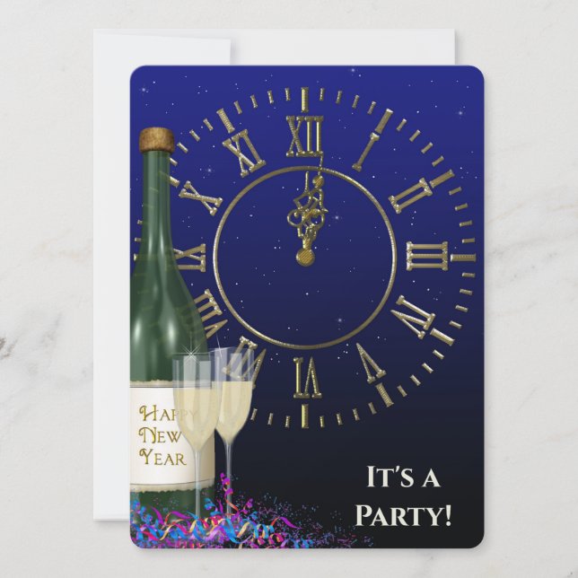 Invitación Reloj Fiesta de víspera de Año Nuevo y champagne (Anverso)