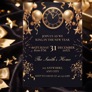 Invitación Reloj negro y dorado para contar hacia atrás en la