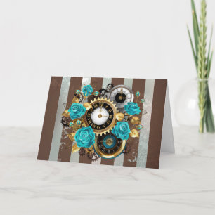 Invitación Reloj Steampunk y Rosas turquesas a rayas