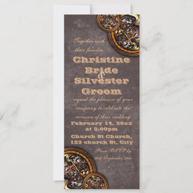 Invitación Reloj y cuero, boda 4x9.25 (Anverso)
