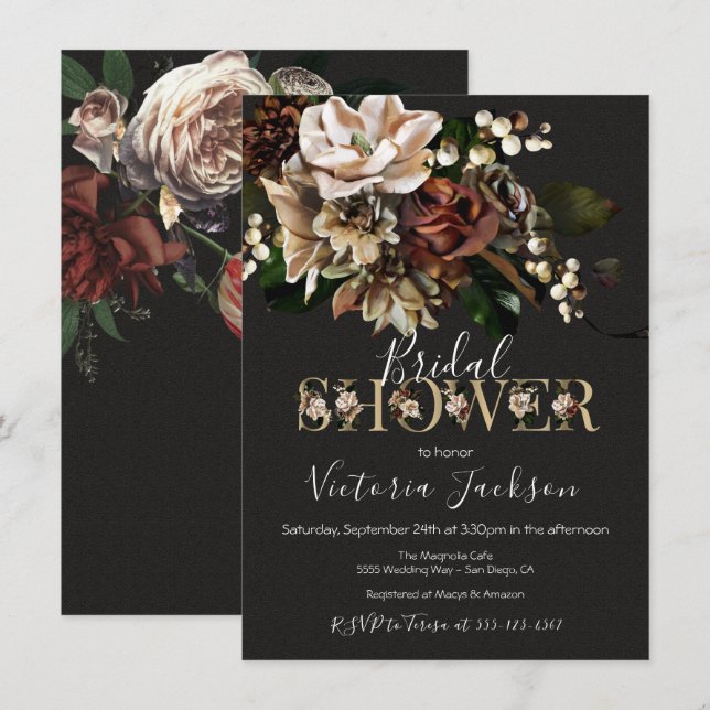 Invitación Rembrandt Floral Dark & Moody Bridal Shower (Anverso / Reverso)