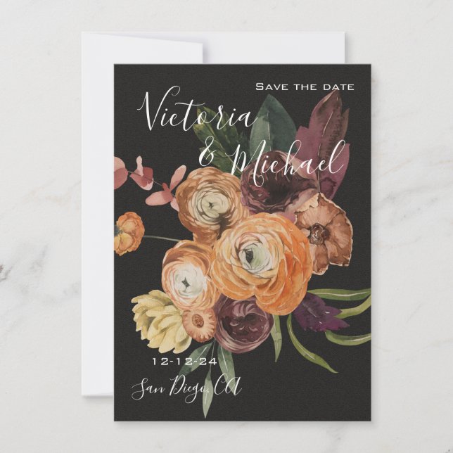 Invitación Rembrandt Floral de Otoño Save the Date Boda (Anverso)