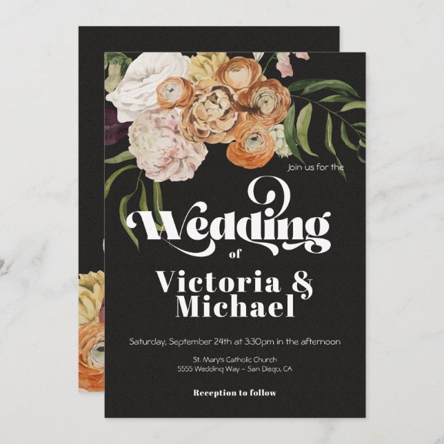 Invitación Rembrandt Otoño Boda Floral Dark & Moody (Anverso / Reverso)