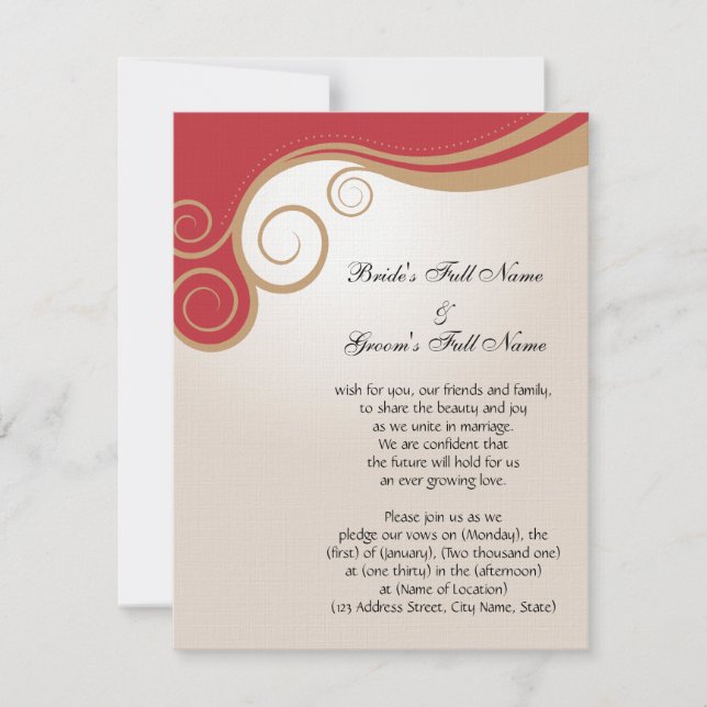 Invitación Remolino del oro en rojo y crema (Anverso)