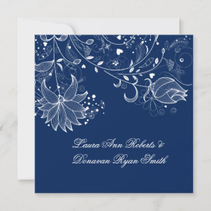 Invitación Remolino Floral Azul Marino y Blanco Después de la
