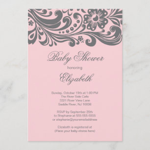 Invitación Remolino floral gris rosado suave moderno Baby