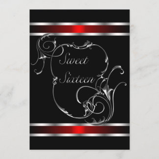 Invitación Remolino negro rojo plateado Elegante dulces dieci