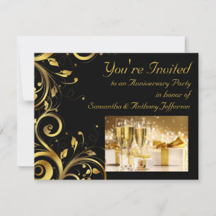 Invitación Remolino negro y dorado, fiesta de aniversario per