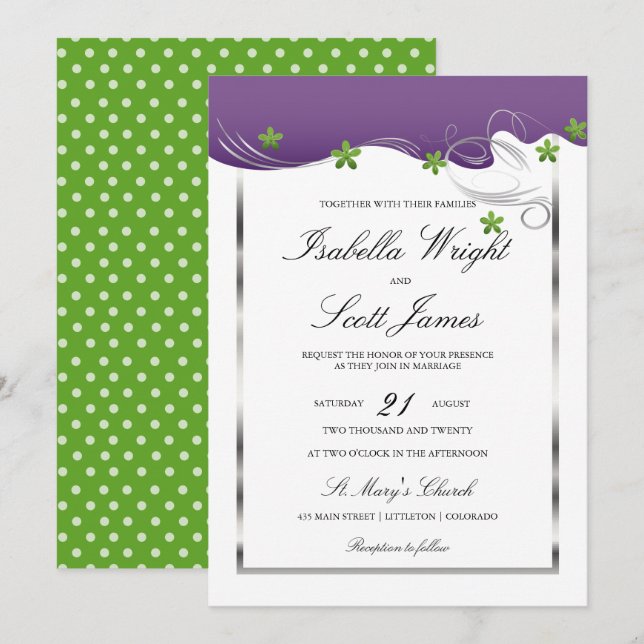 Invitación Remolino púrpura y boda verde del diseño floral (Anverso / Reverso)