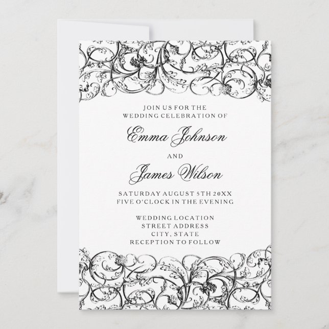 Invitación Remolinos blancos y negros elegantes que casan la (Anverso)
