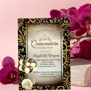 Invitación Remolinos de Oro,Globos,Tacones altos,Tiara Quince