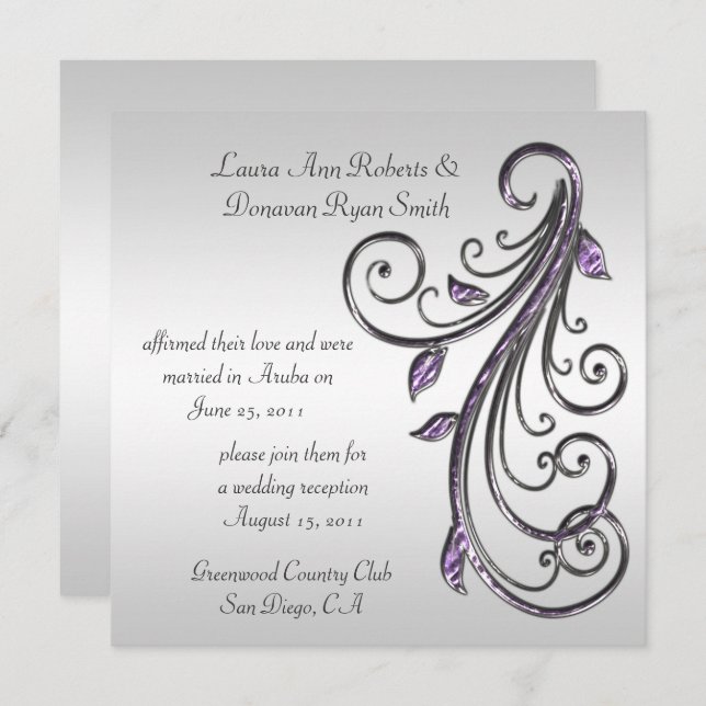 Invitación Remolinos de púrpura y plata sobre fondo de plata (Anverso / Reverso)