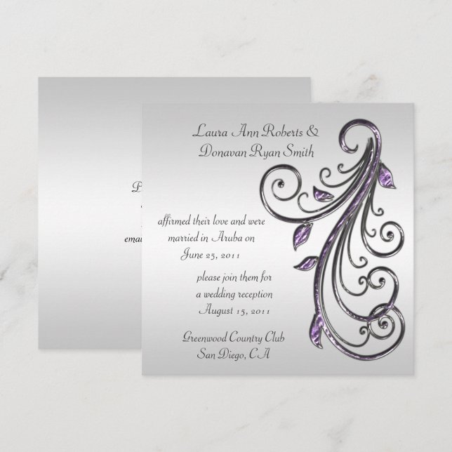 Invitación Remolinos de púrpura y plata sobre fondo plateado (Anverso / Reverso)