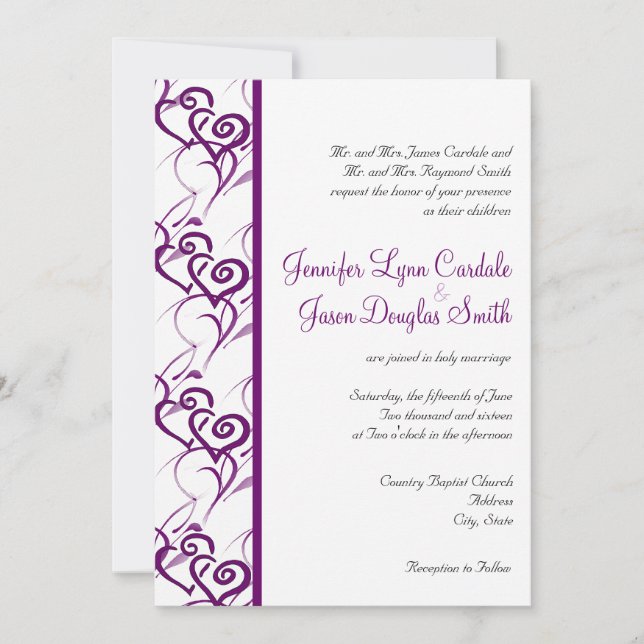 Invitación Remolinos dobles púrpuras de los corazones que (Anverso)