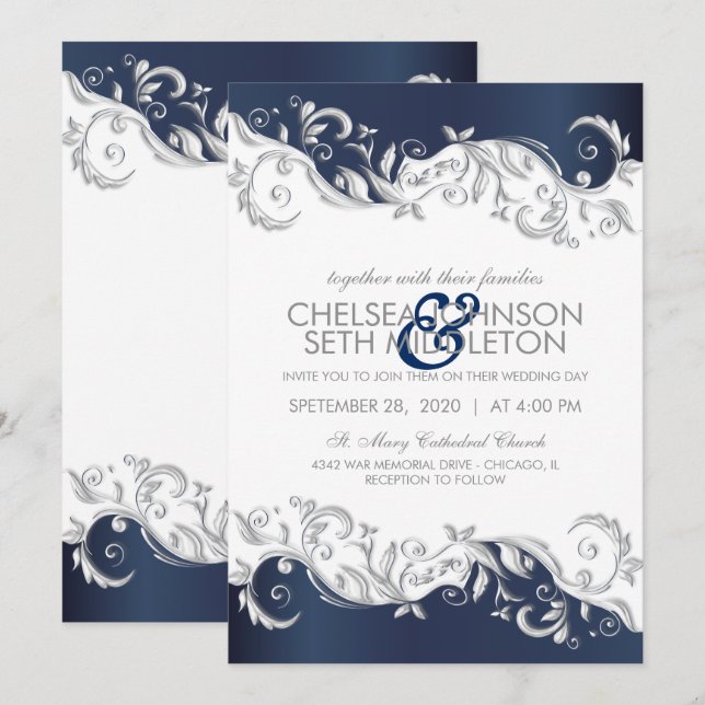 Invitación Remolinos florales del azul marino y blancos que (Anverso / Reverso)