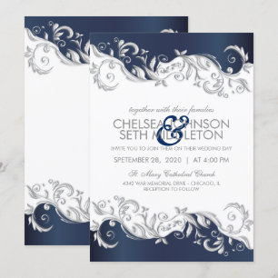 Invitación Remolinos florales del azul marino y blancos que