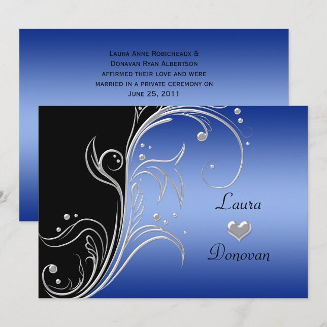 Invitación Remolinos Florales Plateados Azul Negro Recepción  (Anverso / Reverso)