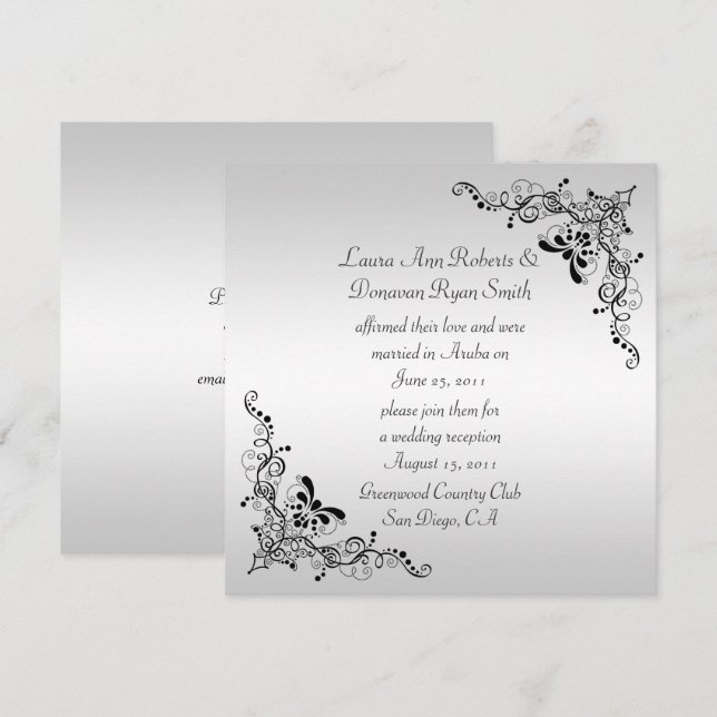 Invitación Remolinos Negros sobre Fondo de Plata Post Boda (Anverso / Reverso)