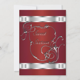 Invitación Remolinos rojos plateados Elegante Dulces Dieciséi