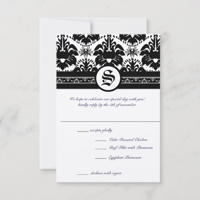 Invitación Renacimiento Medieval Negro Damask RSVP (Anverso)
