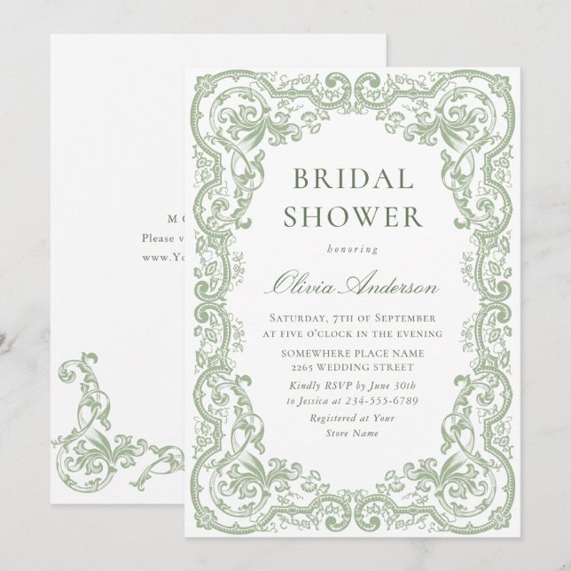 Invitación Renacimiento Ornate Sage Green Floral Brillante (Anverso / Reverso)