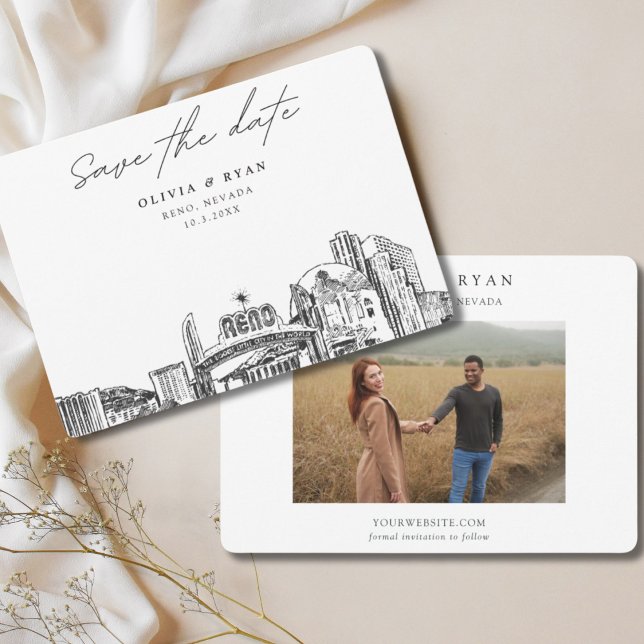 Invitación Reno Boda Downtown Skyline Save the Date (Reno wedding save the date with engagement photo and downtown skyline sketch)