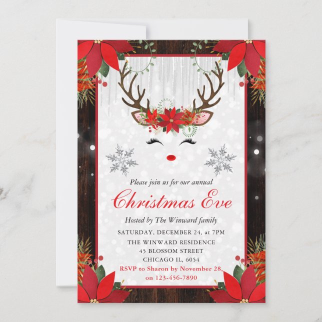 Invitación Reno de Flor de Nochebuena Rústica Noche de Navida (Anverso)