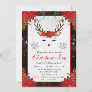 Invitación Reno de Flor de Nochebuena Rústica Noche de Navida