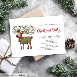 Invitación Reno de Navidad caprichoso acuarela rojo verde Nav