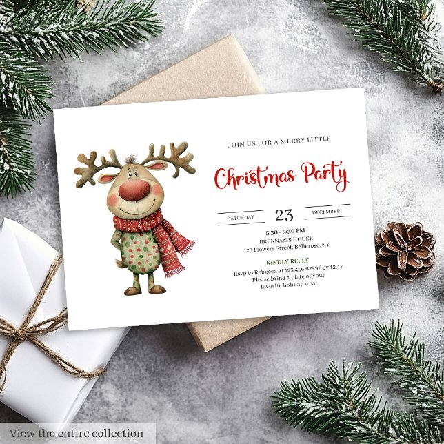 Invitación Reno de Navidad moderno rojo verde extravagante  (Quirky Reindeer Modern Red Green Celebration Invitation

)