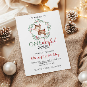 Invitación Reno de Navidad Onederful Primer Cumpleaños
