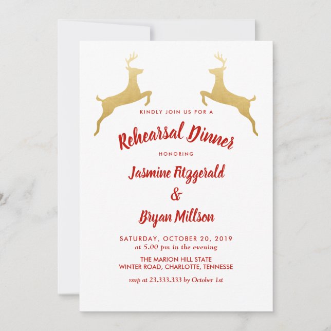 Invitación Reno de oro | Navidades Boda Ensayo Cena (Anverso)