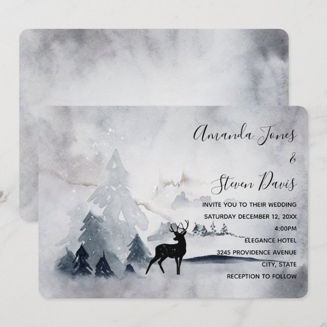 Invitación Reno en el salvaje Boda de acuarela gris (Anverso / Reverso)