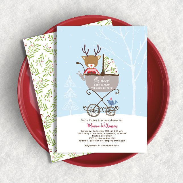 Invitación Reno en Stroller Winter Holiday Baby Shower (Shown on a 5" x 7" card)