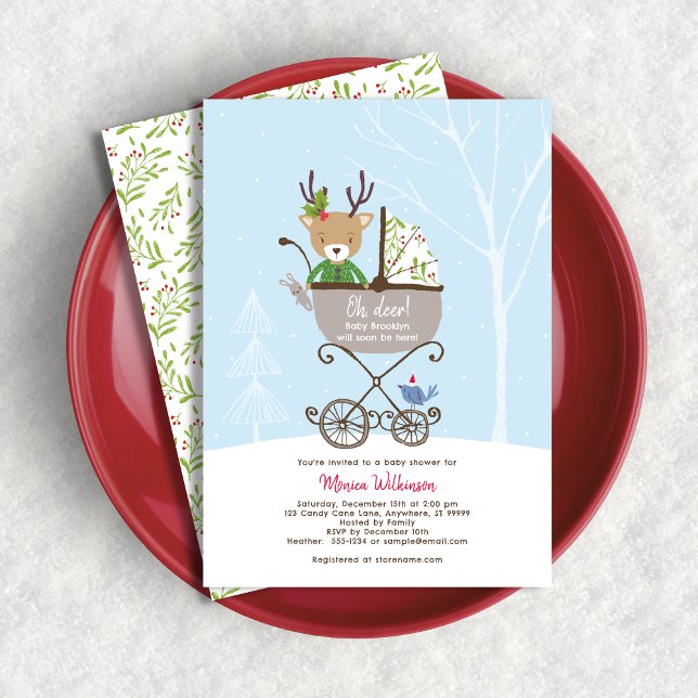Invitación Reno en Stroller Winter Holiday Baby Shower (Shown on a 5" x 7" card)