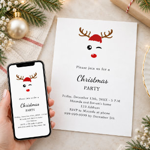 Invitación Reno navideño rojo tartán adorable fiesta de Navid