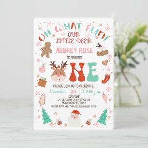Invitación Reno Rojo Oh Qué Diversión Cumpleaños 1er Navidad